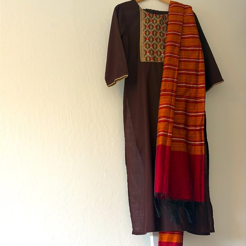 Brown long salwar with pants and dupatta set